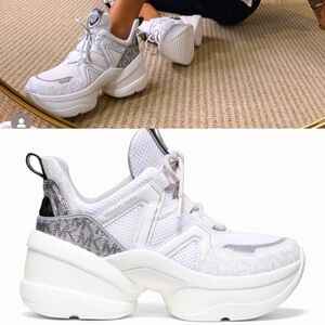 MICHAEL Michael Kors Olympia Mesh and Logo Trainer in White/ Multi Silver